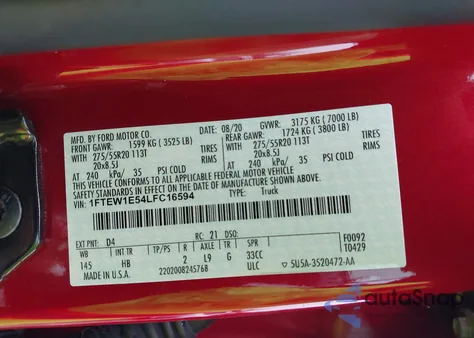 2020 Ford F-150 Lariat z USA, uszkodzony, nr VIN 1FTEW1E54LFC16594